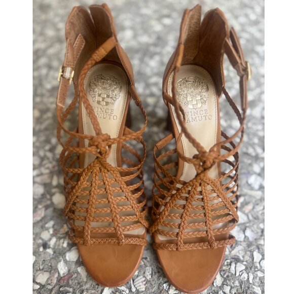 Vince Camuto Braided Leather Block Heel Sandals Tan Size 7M Boho Chic - Picture 1 of 7